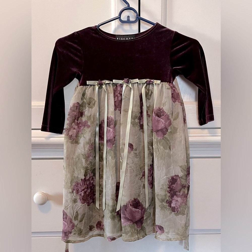 Deep burgundy/red & light green, flower fabric on bottom, size 3T dress
